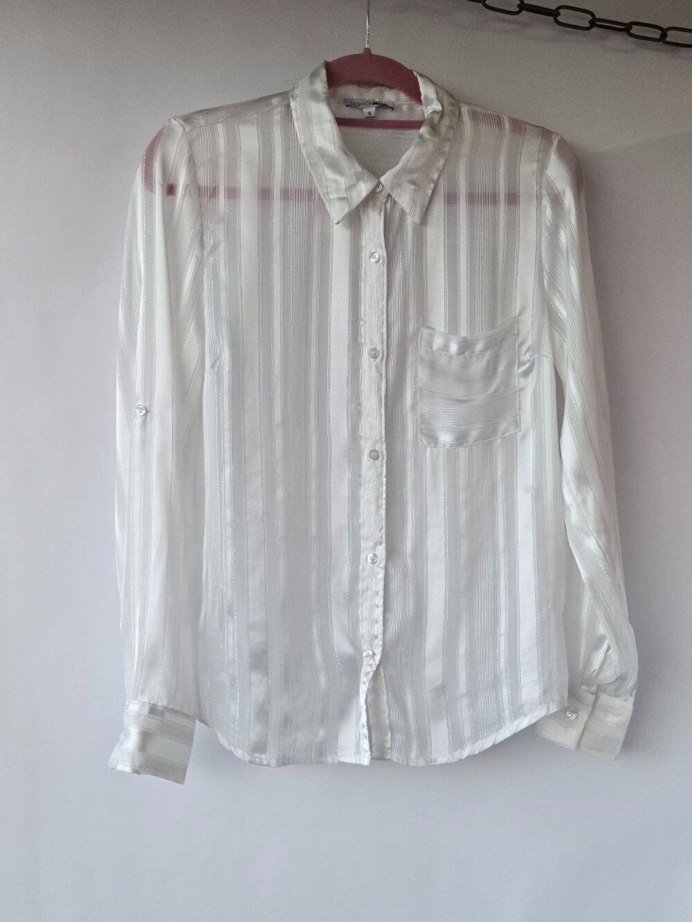 Fashion Nova Sheer White & Silver Metallic Button Down Blouse Office Business